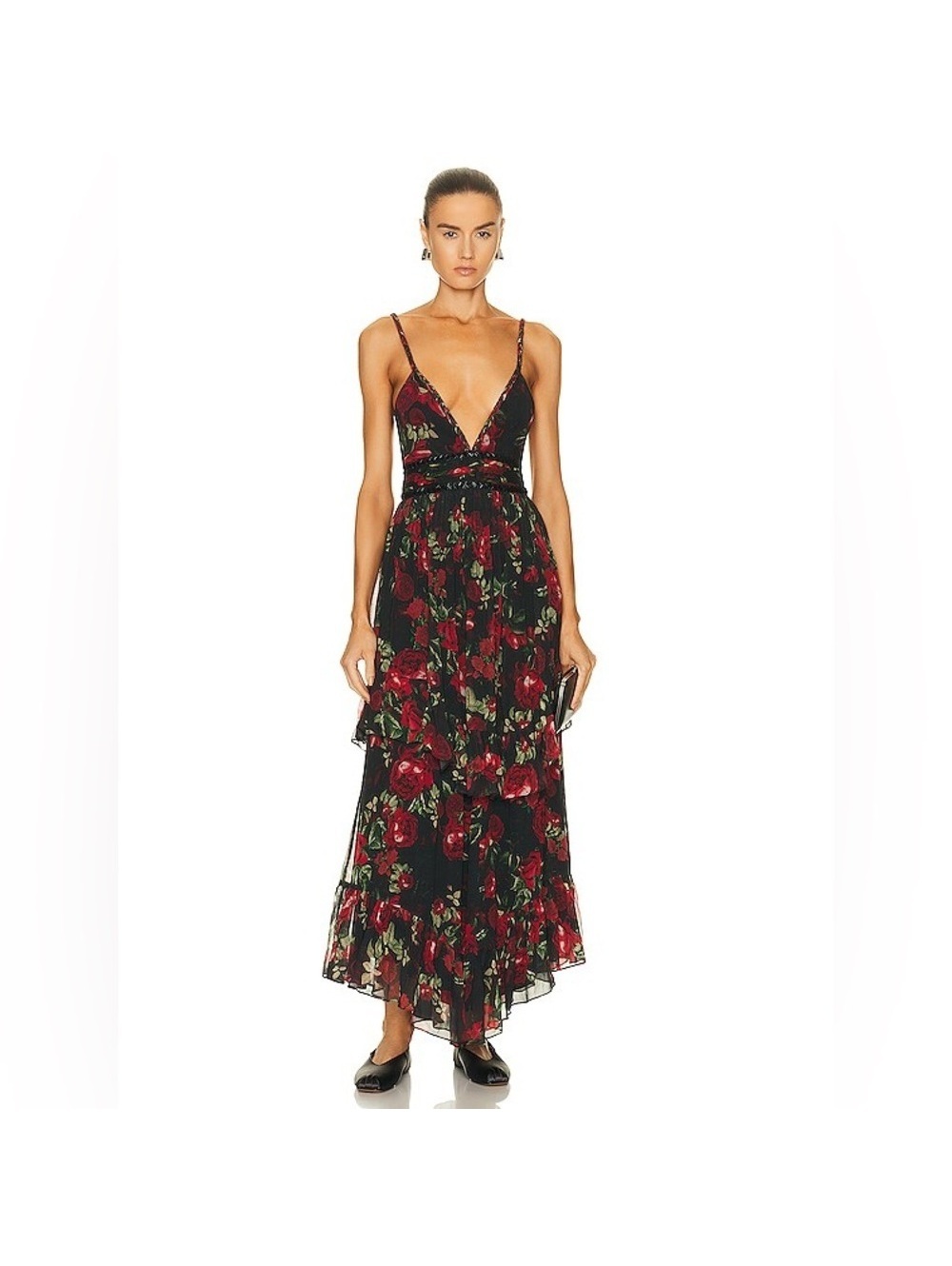 Rococo Sand Tiered Maxi Dress in Black/Red Roses, NWT, Size XS Retail $478